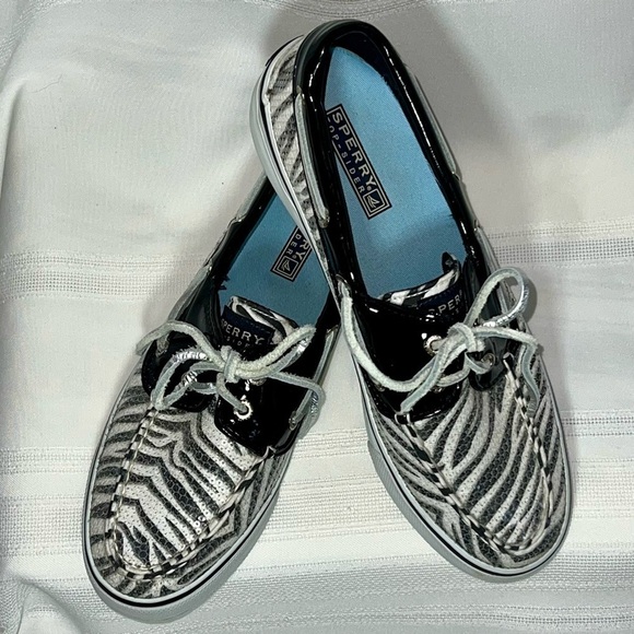 Sperry Top Sider Black White Zebra Stripe Sequins Sz 7.5 EUC Boat Shoes Sneakers - Picture 10 of 11